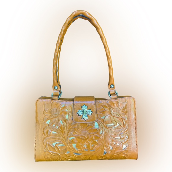 Patricia Nash Handbags - NWT Patricia Nash Rosina Satchel
Burnished Cutout Tooled Tan & Gold
